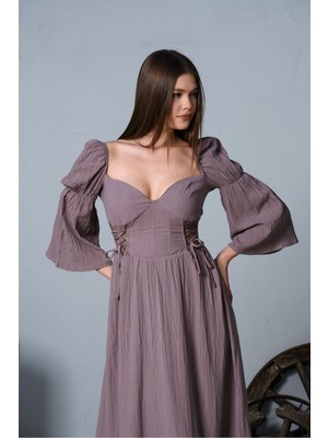 Çift Bel Korseli Düşük Omuz Yarım Kollu Bohem Maxi Bilekte Uzun Tatil Elbisesi