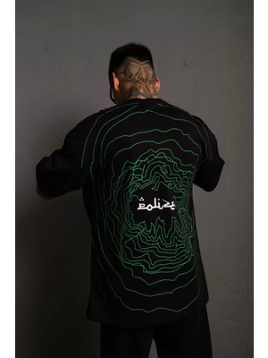 Erkek Bisiklet Yakalı Sırt Baskılı Oversize T-Shirt - Siyah
