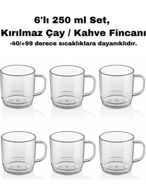 6'lı 250 ml Kırılmaz Polikarbon Fincan Seti, Çay ve Kahve Için Ideal