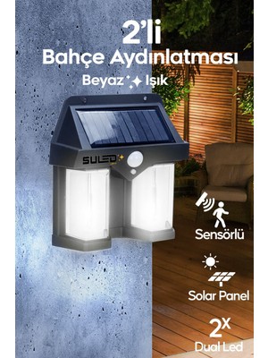Sensörlü Solar Panelli Beyaz LED Aydınlatma, 3 Mod, Pilli, Otomatik, Bahçe ve Duvar Işığı