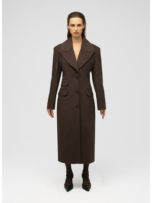 Kahverengi Kadın Geniş Yaka Normal Kalıp Palto Angelic Kaşmir ve Yün Kırışımlı Pal