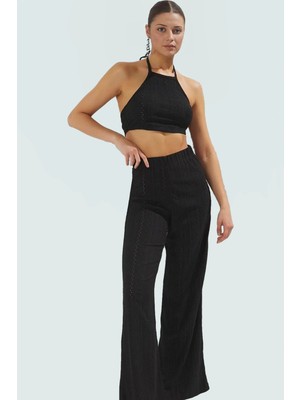 Dantel Detaylı Halter Yaka Crop Bluz ve Geniş Paça Pantolon Plaj Takımı Özel Tasarım