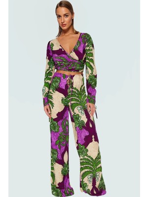 Şık Tropikal Desenli Viskoz Bluz Pantolon Takım Yaz Plaj Giyim Yüksek Kalite