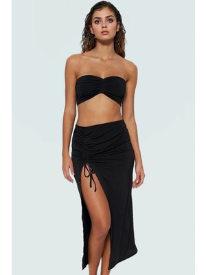 Kadın Örme Fitted Straplez Bluz Etek Plaj Takımı Dar Paça Modern Stil Premium Kalite