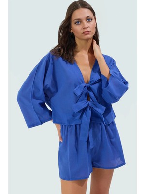 Yazlık Tropikal Desenli Pamuklu V Yaka Gömlek Şort Takım Plaj Giyim Dayanıklı Malzeme Premium Kalite