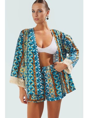 Yazlık Etnik Desenli Pamuklu Kimono Şort Takım Plaj Için Rahat Tasarım Modern Stil Özenle Seçilmiş