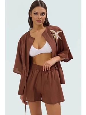 Kadın Pamuklu Bluz Şort Plaj Takımı Dik Yaka Truvakar Kol Yazlık Trend Tasarım