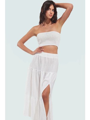 Yazlık Plaj Şıklığı Dokulu Straplez Bluz Etek Takım Zarifane Tasarım Rahat Kullanım