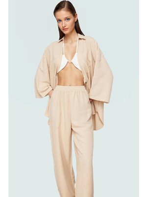 Keten Karışımlı Oversize Gömlek Pantolon Takım Plaj ve Günlük Kullanım Rahat Şık