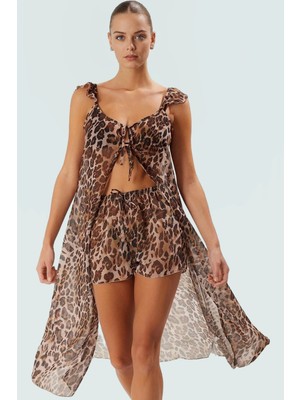 Şifon Leopar Desenli Plaj Yelek Şort Takım Yazlık Rahat Kombin Özenle Seçilmiş Uzun Ömürlü