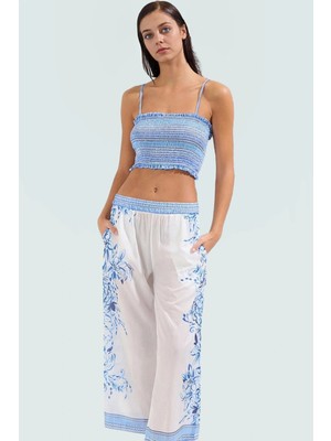 Yazlık Çiçek Desenli Pamuklu Bluz Pantolon Takım Plaj Modası Modern Stil Özenle Seçilmiş