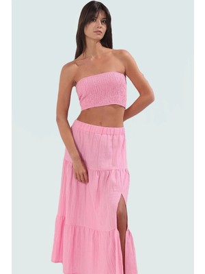 Yazlık Plaj Şıklığı Dokulu Straplez Bluz Etek Takım Zarifane Tasarım Rahat Kullanım