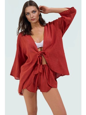 Şık V Yaka Truvakar Kol Viskoz Pamuk Bluz Şort Plaj Takımı Yazlık Premium Kalite Trend Tasarım