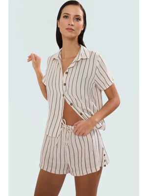Çizgili Pamuklu Müslin Plaj Gömlek Şort Takım Rahat Yazlık Yüksek Kalite Trend Tasarım