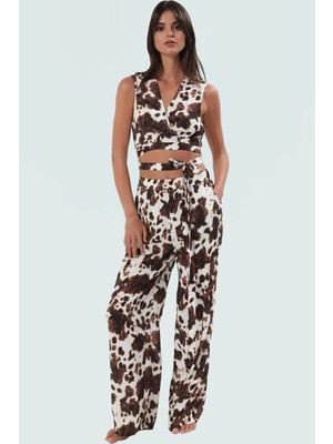 Yazlık Inek Desenli Viskoz Bluz Pantolon Takım Rahat Plaj Şıklığı Mükemmel Uyum Kaliteli Işçilik