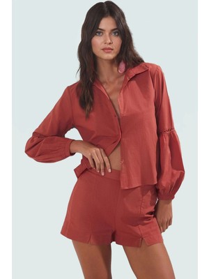 Kadın Pamuk Dokuma Vual Plaj Gömlek Şort Takım Kısa Kollu Yazlık Özenle Seçilmiş