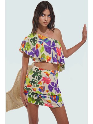 Yazlık Kadın Mini Plaj Takımı Tropikal Desenli Viskoz Pamuk Kumaş Profesyonel Görünüm