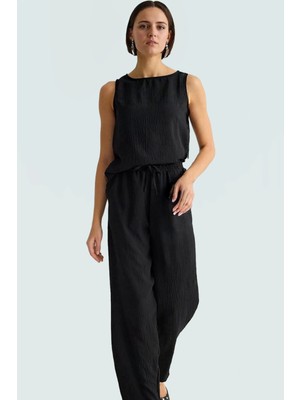 Kadın Yazlık Keten Görünümlü Bisiklet Yaka Bluz Pantolon Takım Yüksek Kalite Özenle Seçilmiş