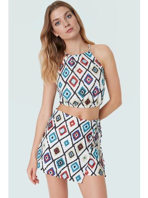 Çok Geometrik Desenli Fitted Halter Yaka Bluz ve Mini Etek Yaz Takımı Modern Stil