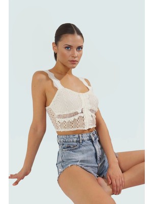 Dantelli Örme Plaj Bluz Kolsuz Fitted Kalp Yaka Yazlık Konforlu Kesim Rahat ve Şık