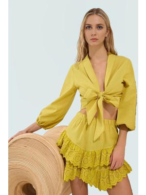 Yazlık Crop Bluz Pamuklu Balon Kol V Yaka Plaj Konforlu Kesim Premium Kalite Mükemmel Uyum