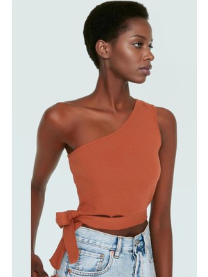 Tek Omuz Bağlamalı Crop Bluz Örme Pamuklu Yazlık Rahat Kombin Yüksek Kalite Uzun Ömürlü