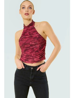 Yazlık Crop Halter Yaka Tül Bluz Polyester Elastan Özenle Seçilmiş Yüksek Kalite Özel Tasarım