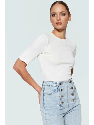 Kadın Bisiklet Yaka Kısa Kollu Örme Bluz Günlük Kullanım Premium Kalite Profesyonel Görünüm