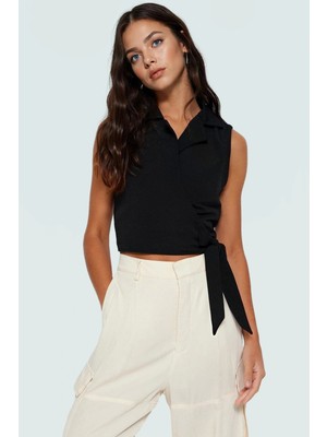 Keten Görünümlü Crop Bluz Ceket Yaka Kalın Askılı Yazlık Rahat Kullanım