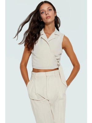 Keten Görünümlü Crop Bluz Ceket Yaka Kalın Askılı Yazlık Rahat Kullanım