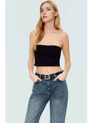 Fitted Straplez Yaka Crop Örme Bluz Rahat Günlük Stil Dayanıklı Malzeme Seçkin