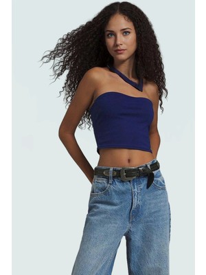 Fitted Straplez Yaka Crop Örme Bluz Rahat Günlük Stil Dayanıklı Malzeme Seçkin