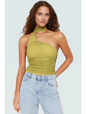 Asimetrik Yaka Kolsuz Fitted Örme Bluz Esnek Polyester Günlük Stil Kaliteli Işçilik Mükemmel Uyum