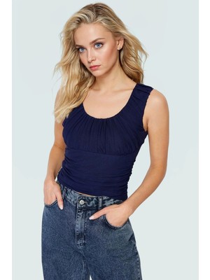 Kadın Büzgülü Sırt Detaylı Crop Bluz Yazlık Örme Uzun Ömürlü Günlük Kullanım Için