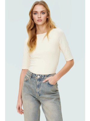 Kadın Vücuda Oturan Kayık Yaka Kısa Kollu Pamuklu Bluz Yazlık Günlük Kullanım Için