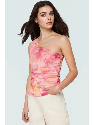 Çiçekli Tek Omuzlu Fitted Tül Bluz Esnek Örme Yazlık Günlük Uzun Ömürlü Yüksek Kalite