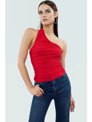 Asimetrik Yaka Kolsuz Fitted Örme Bluz Esnek Polyester Günlük Stil Kaliteli Işçilik Mükemmel Uyum