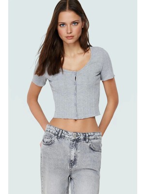 Crop Havuz Yaka Kısa Kollu Örme Bluz Rahat Yazlık Günlük Kullanım Için Özenle Seçilmiş