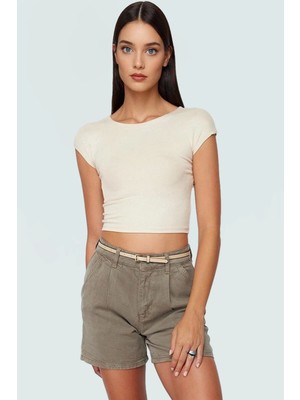 Bisiklet Yaka Fitted Crop Örme Bluz Viskon Ribana Yazlık Profesyonel Görünüm Özel Tasarım