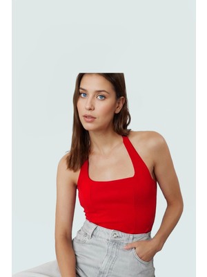 Crop Halter Boyundan Bağlamalı Örme Bluz Yazlık Rahat Tasarım Mükemmel Uyum Şık Görünüm