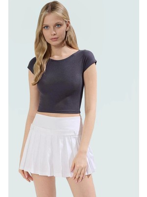 Bisiklet Yaka Fitted Crop Örme Bluz Viskon Ribana Yazlık Profesyonel Görünüm Özel Tasarım