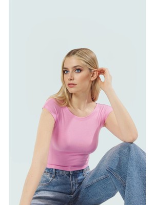 Bisiklet Yaka Fitted Crop Örme Bluz Viskon Ribana Yazlık Profesyonel Görünüm Özel Tasarım