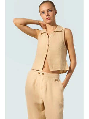 Keten Dokuma Fitted Kolsuz Bluz Rahat Günlük Yaz Stilleri Modern Stil Kullanım