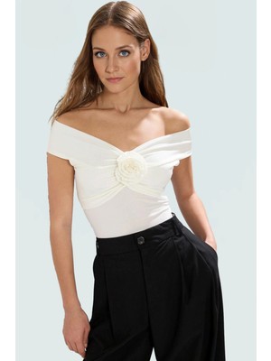 Carmen Yaka Fitted Sandy Örme Bluz Gündüz Gece Kullanımı Premium Kalite Uzun Ömürlü