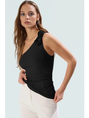 Asimetrik Yaka Fitted Örme Bluz Tek Kol Kolsuz Yazlık Profesyonel Görünüm Konforlu Kesim