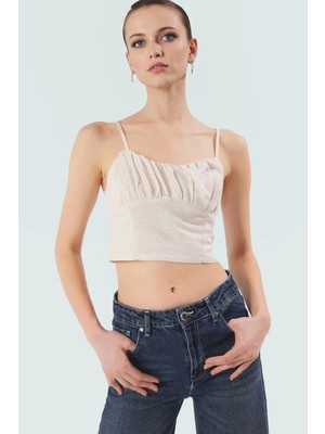 Keten Görünümlü Ince Askılı Crop Bluz Yazlık Rahat Günlük Stil Şık Görünüm Profesyonel
