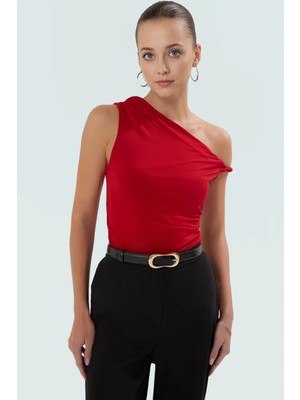 Şık Asimetrik Yaka Kısa Kollu Örme Bluz Seçkin Malzeme Mükemmel Uyum Günlük Kullanım Için