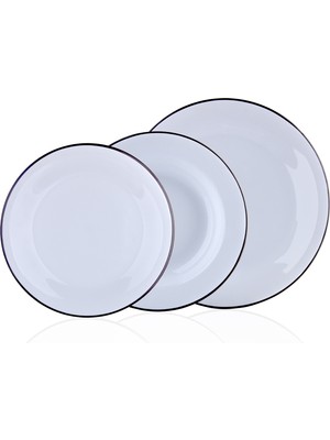 Decorium Black Line 18 Parça Yemek Takımı 6 Kişilik Beyaz Porselen Yuvarlak Tabak Seti