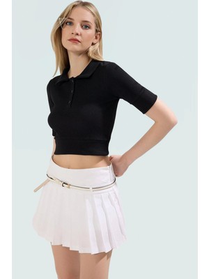 Çizgili Polo Yaka Crop Fitted Bluz Rejenere Kaşkorse Yazlık Premium Kalite