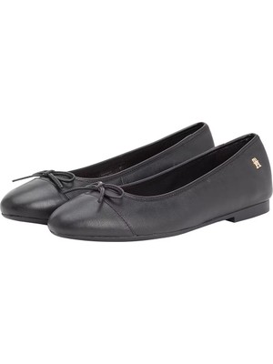 Kadın Toe Cap Leather Ballerina Shoes - Siyah